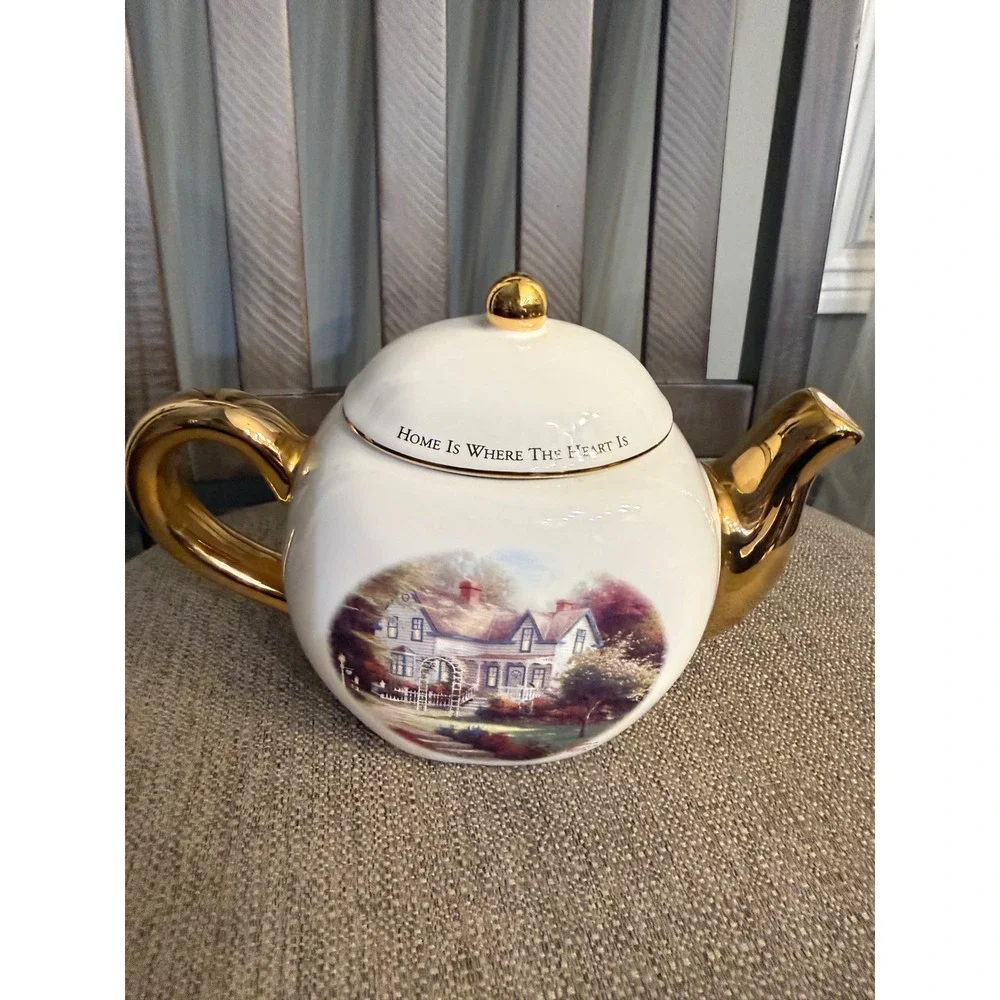 Thomas Kinkade Teleflora Teapot Home Is Where The Heart Is II Gold Trim Ceramic